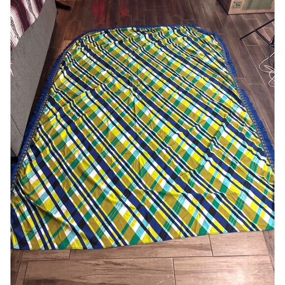 Blue Green Bed Coverlet Sheet with Fringe 73"x106" - Picture 1 of 10